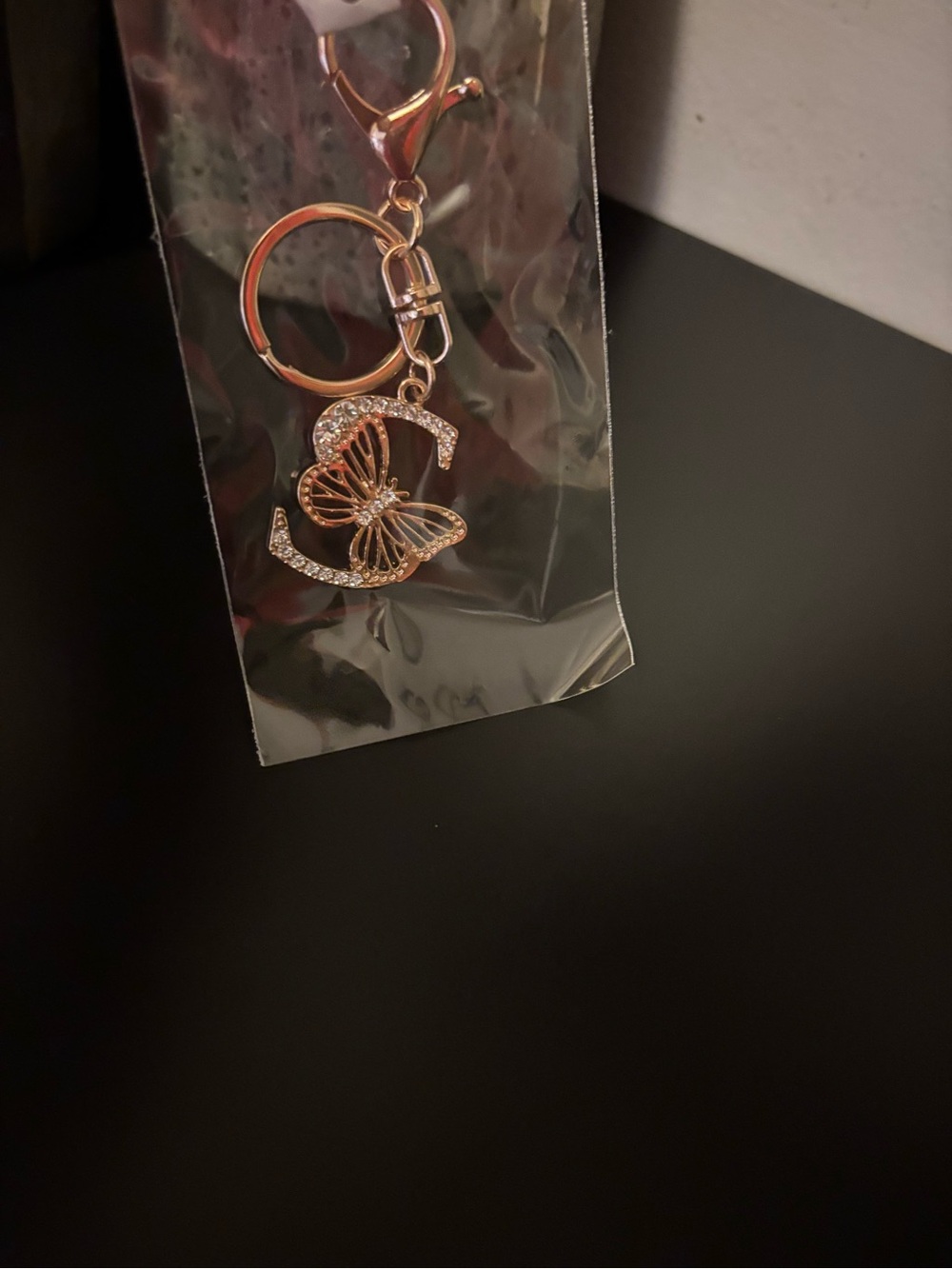 “S” Rose Gold Butterfly Charm Keychain